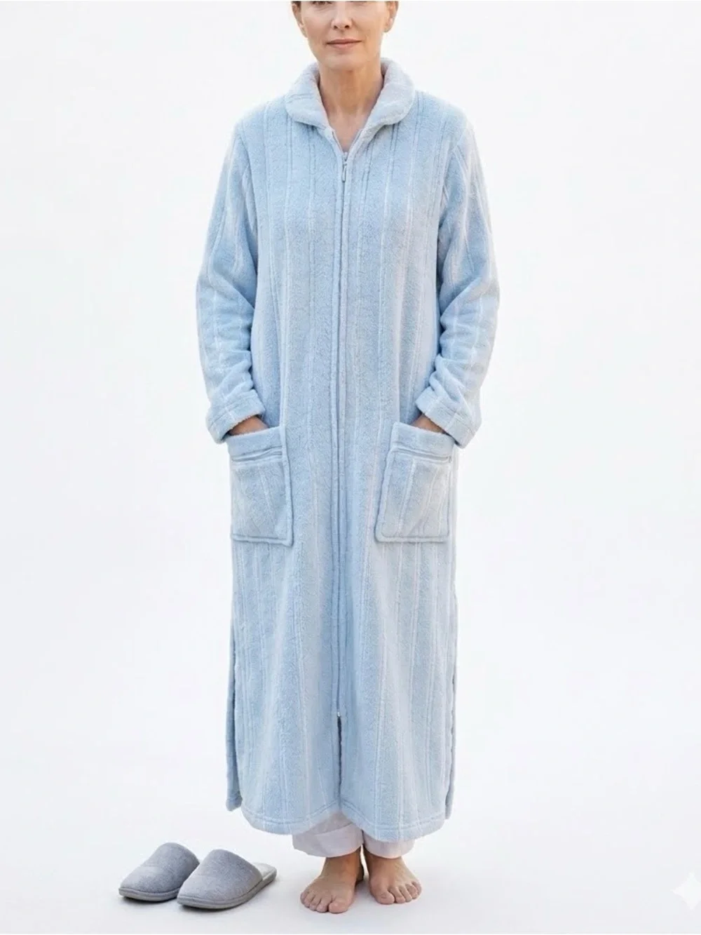 😴Adonna Cozy Full-Length Zip Robe Coat in Light Blue Size Large